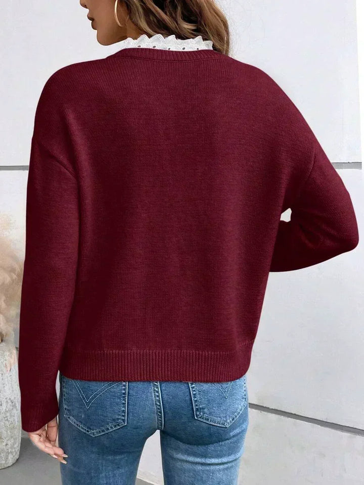 Oliwia | Swetry Damskie V-Neck z Koronką Długi Rękaw