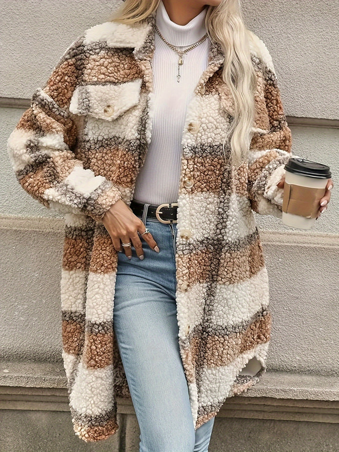 Zofia | Szara Krata Faux Fur Shacket z Kieszeniami