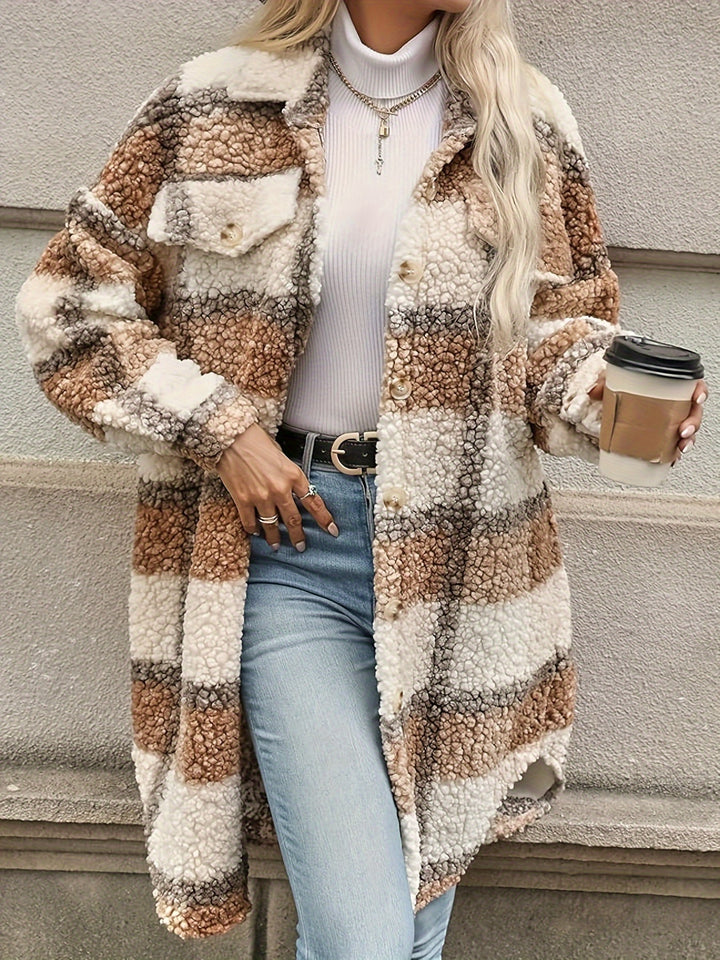 Zofia | Szara Krata Faux Fur Shacket z Kieszeniami