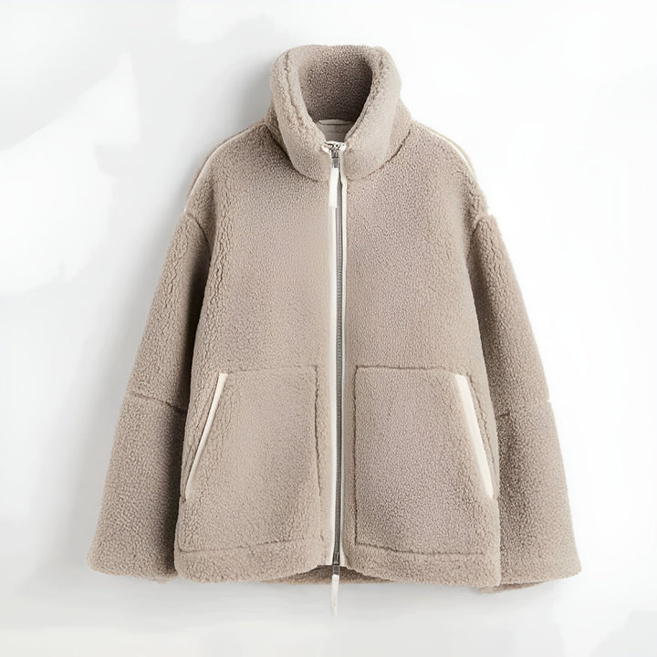 Julia | Kurtka Polarowa Off-White Zamek Kieszenie