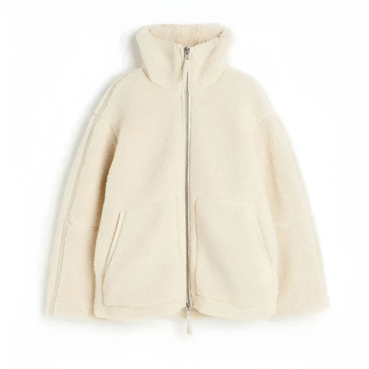 Julia | Kurtka Polarowa Off-White Zamek Kieszenie