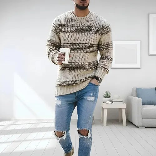 Oskar | Męski Sweter w Paski Beżowy Knitwear