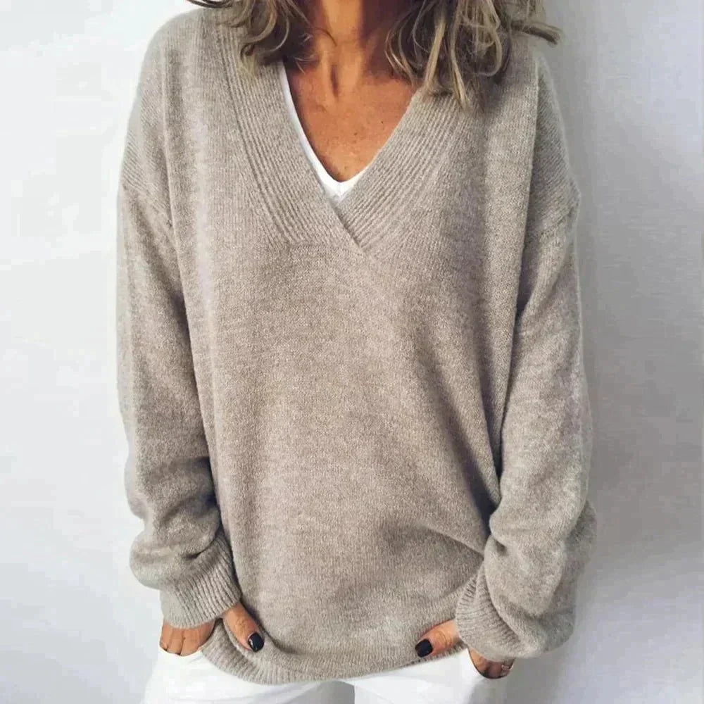 Katarzyna | Lawendowy Sweter V-Neck Oversized Długi Rękaw