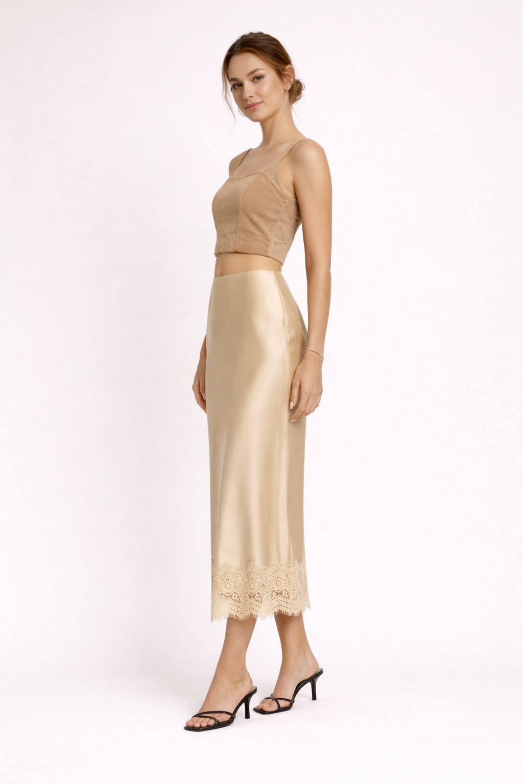 Natalia | Komplet Satynowy Crop Top i Midi Spódnica