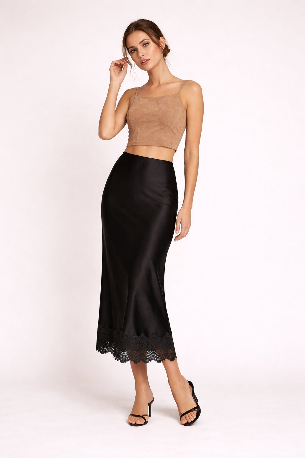 Natalia | Komplet Satynowy Crop Top i Midi Spódnica